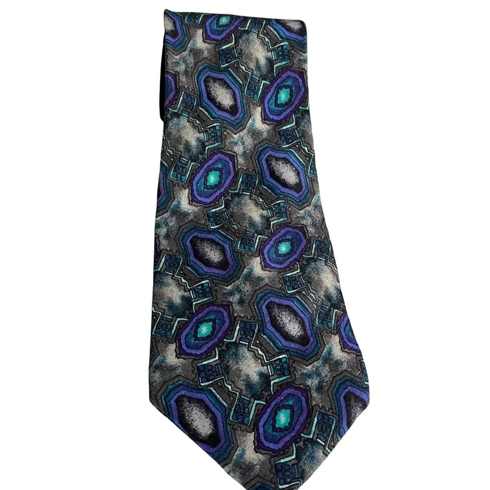 J. Garcia Jerry Garcia 100% Silk Purple Turquoise Smokey Gray Geometric Design T